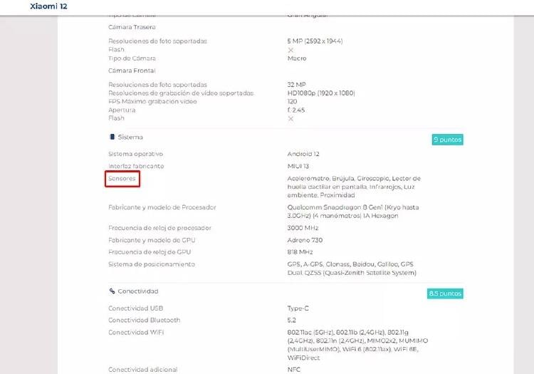 Especificaciones móvil Especificaciones móvil